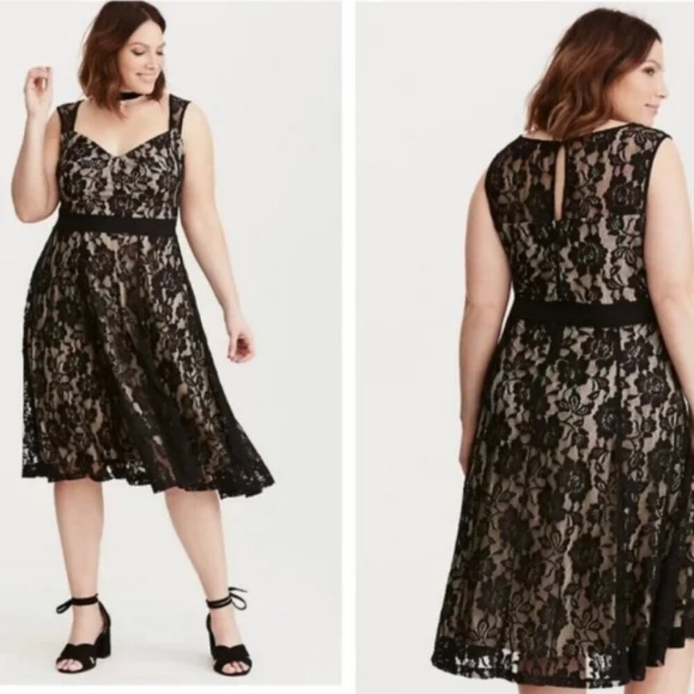 Torrid Black Lace Overlay Sleeveless Midi Dress Fit & Flare A Line Lined